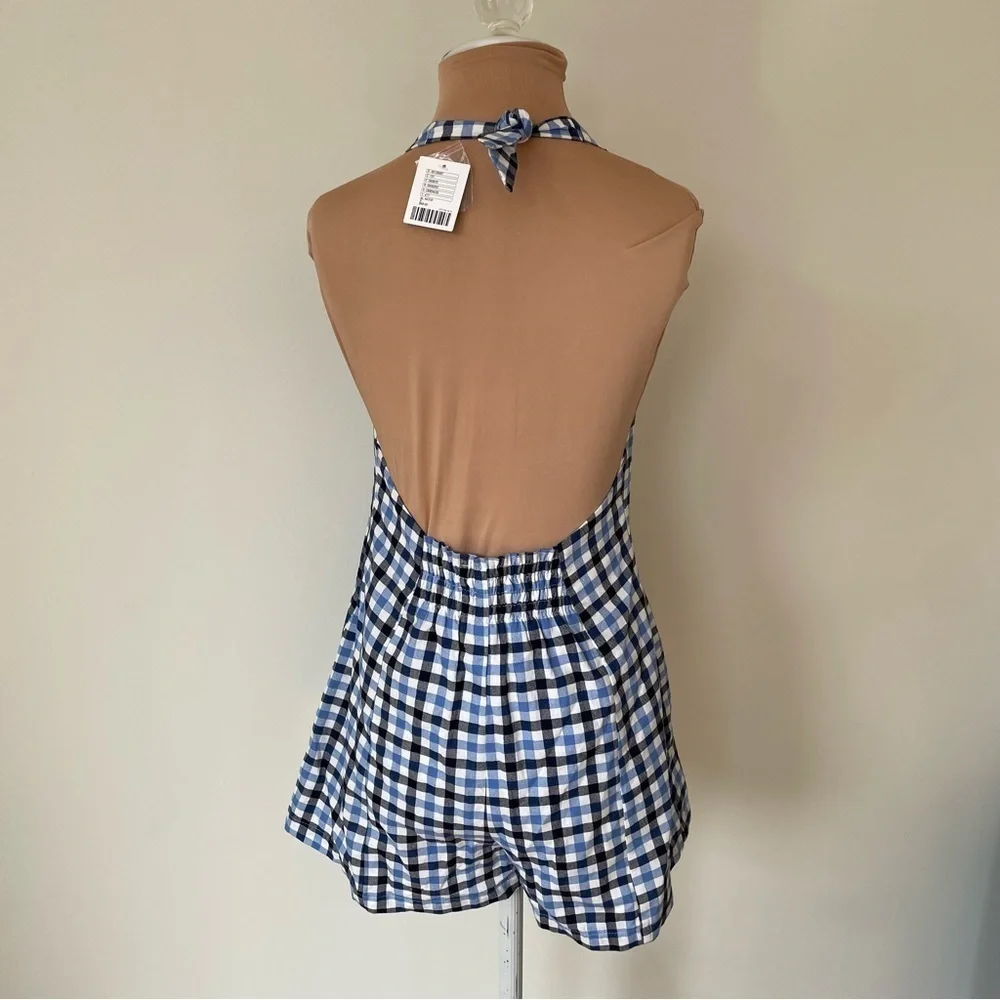 Urban Outfitters Blue Check Cotton Tiffany Button Down Halter Romper NWT Sz S